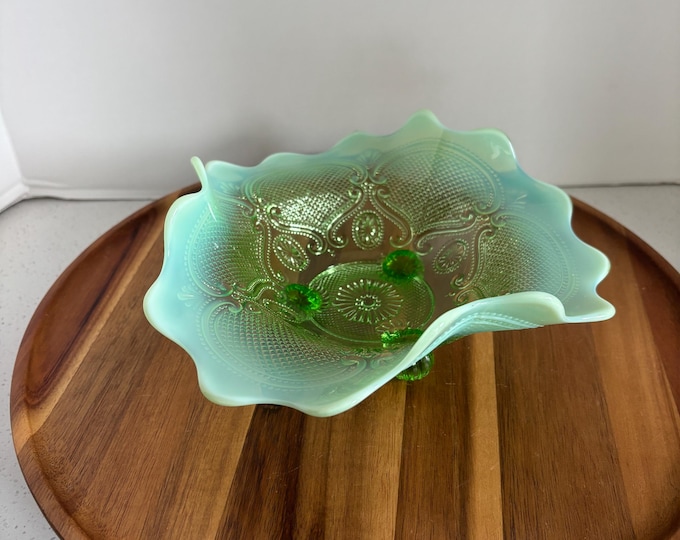 Vintage Northwood Lattice and Medallions Green Opalescent Glass Candy Dish Bowl