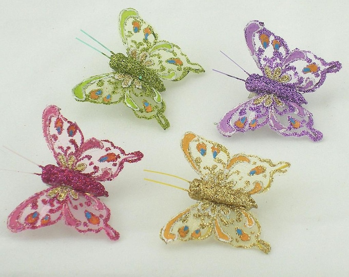 Glitter Spring Summer Colorful Butterfly Floral Clips - Set of 4