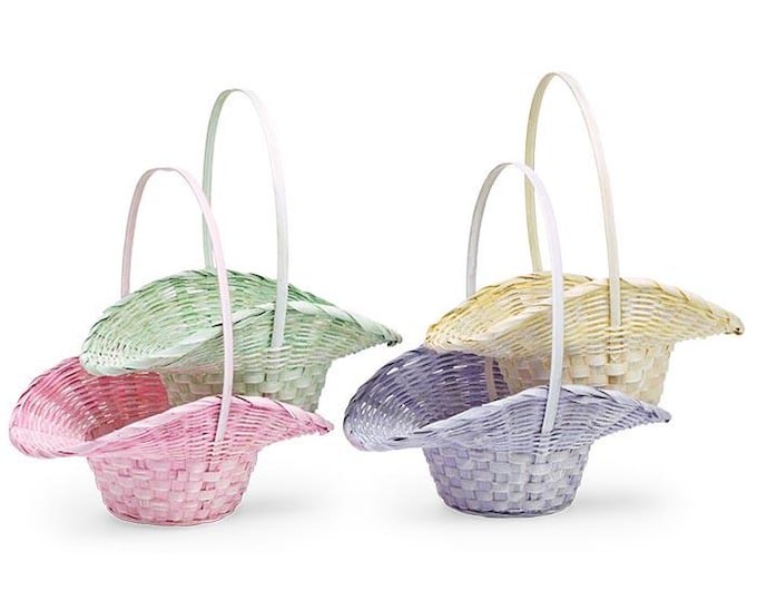 Flared Rim Princess Bamboo Basket in Whitewash Colors of Yellow, Pink, Purple, or Green