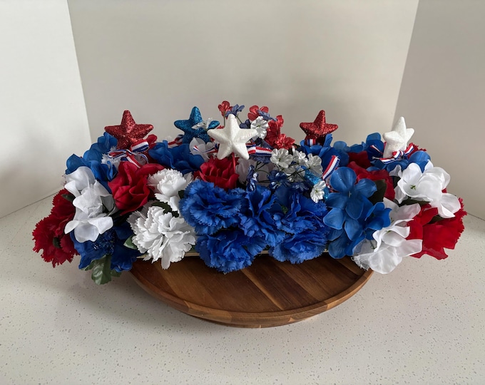 Red White Blue Patriotic Floral Grave Blanket Flowers Saddle Arrangement