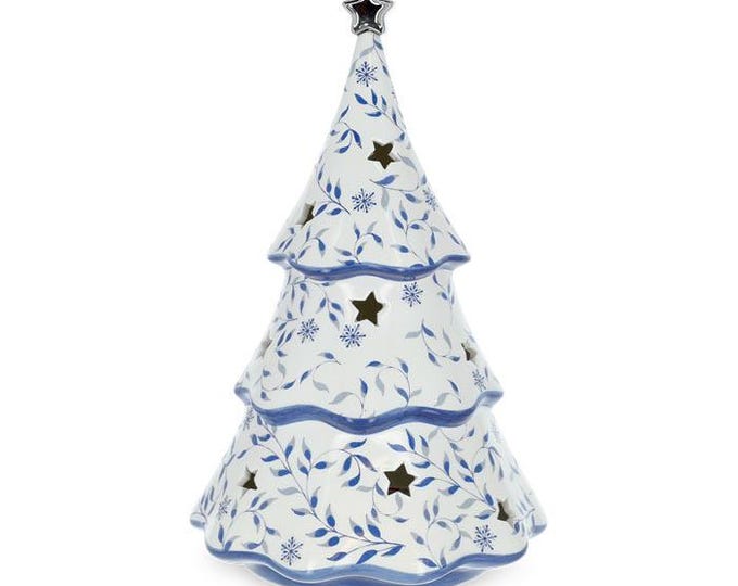 White Ceramic Light-Up Tree with Blue Floral Pattern