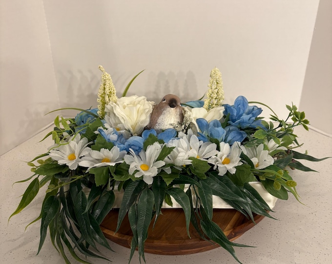 Spring Blue and White with Brown Bird Floral Arrangement Grave Blanket Flowers