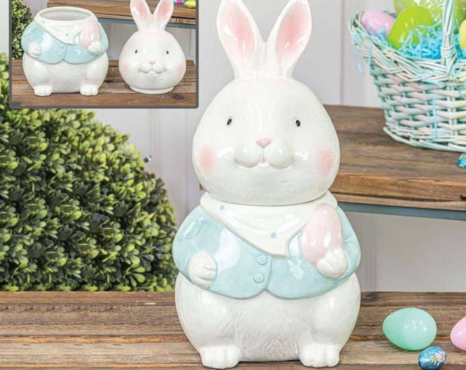 White Easter Bunny with Blue Jacket Ceramic Cookie Jar