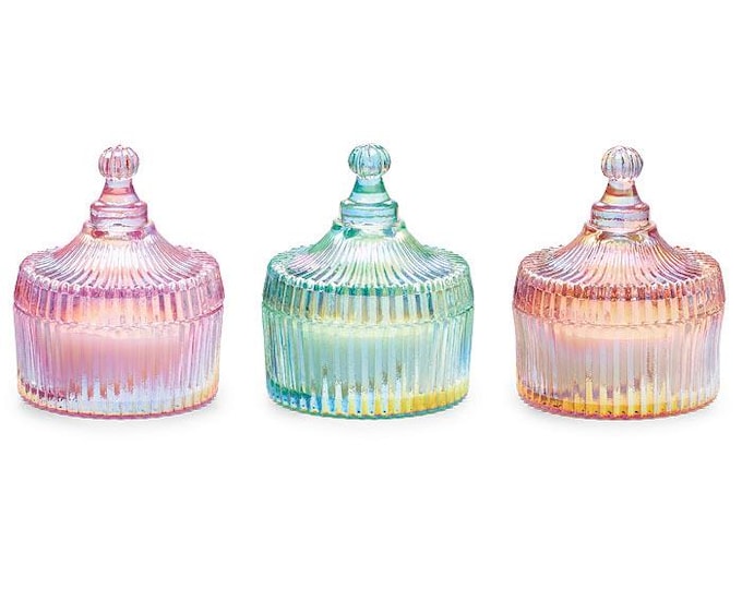 Iridescent Glass Candle Dish in Blue, Pink, or Purple