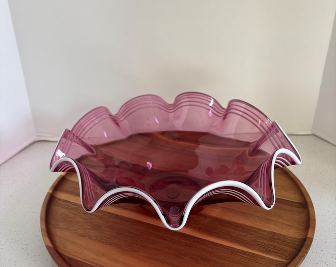 Vintage Ruffled Glass Cranberry White Edge Bowl