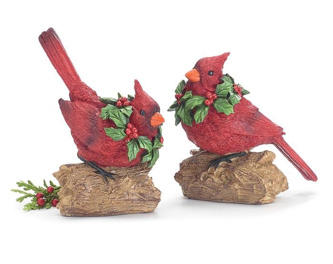 Resin Red Cardinal Figurines with Holly Wreaths - Holiday Decor (Set of 2)
