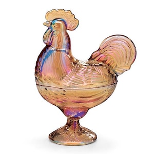 Rooster Hen on Nest Iridescent Amber Glass Candy Dish