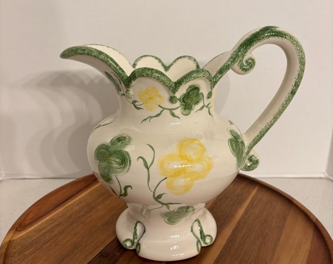 Vintage Ivory Ceramic Pitcher with Yellow and Green Florals