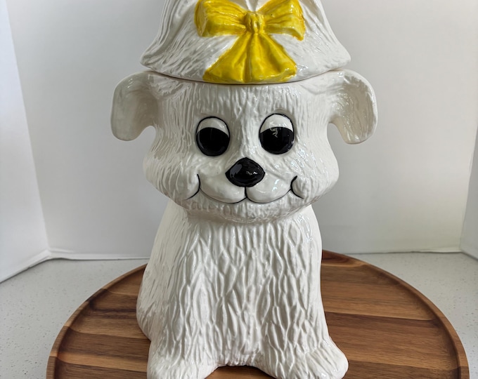 Vintage White Dog with Yellow Bow Ceramic Cookie Jar