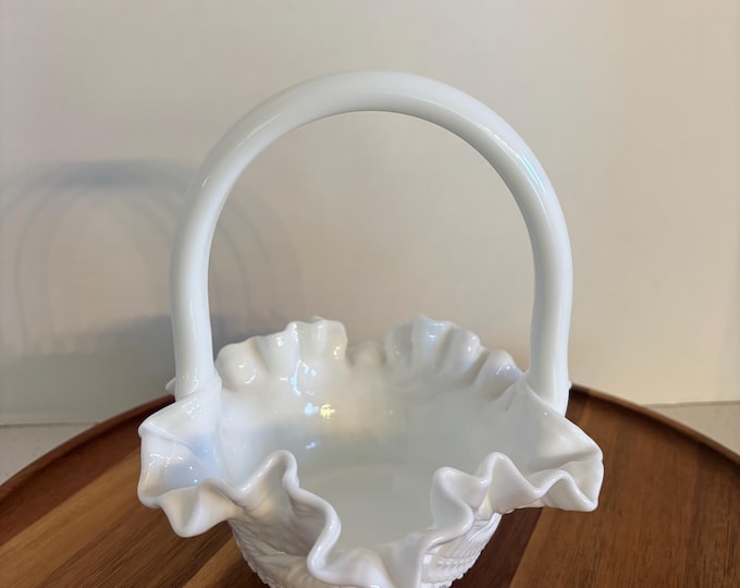Vintage Hobnail Basket Milk Glass Crimped Footed Handled Basket