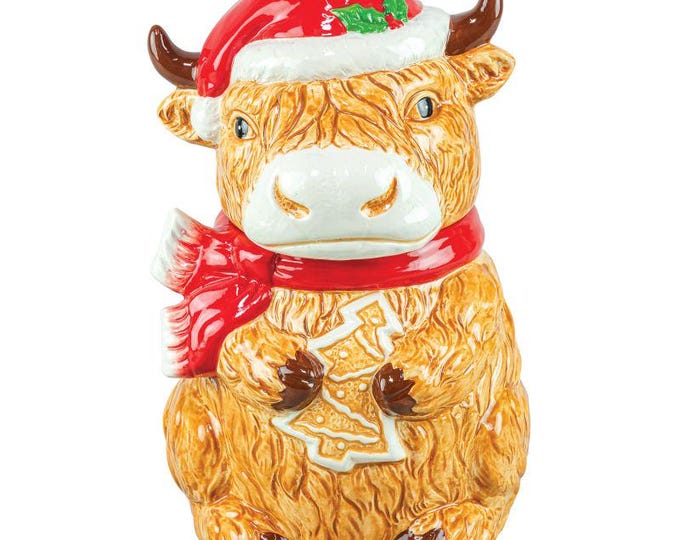 Highland Cow Winter Christmas Ceramic Cookie Jar