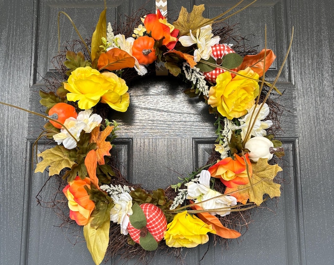 Autumn Fall and Floral Leaves Grapevine Wreath with Pumpkin Accents