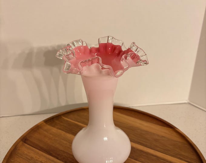 Vintage Fenton Silver Crest Art Glass Vase – White & Pink Ruffled Vase