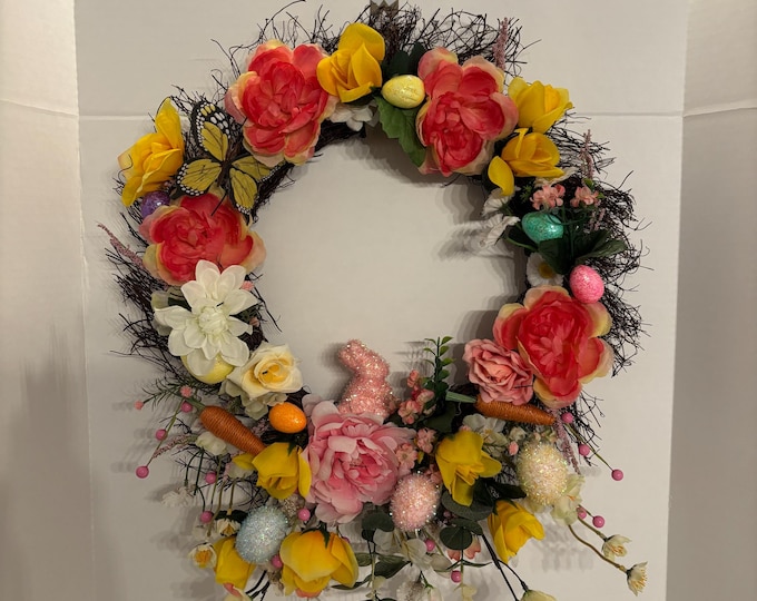 15in Pink, Yellow and White Flowers Spring Easter Wreath