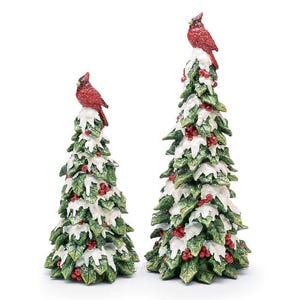 Snowy Winter Trees with Red Cardinals and Glitter Tabletop Decor- Set of 2