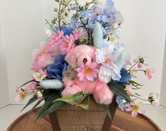 Floral Teddy Bear Arrangement, Pink & Blue Flowers in Distressed Wood Planter