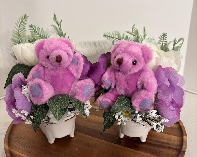 Teddy Bear Floral Arrangements in Bathtub Ceramic Decor - Set of 2