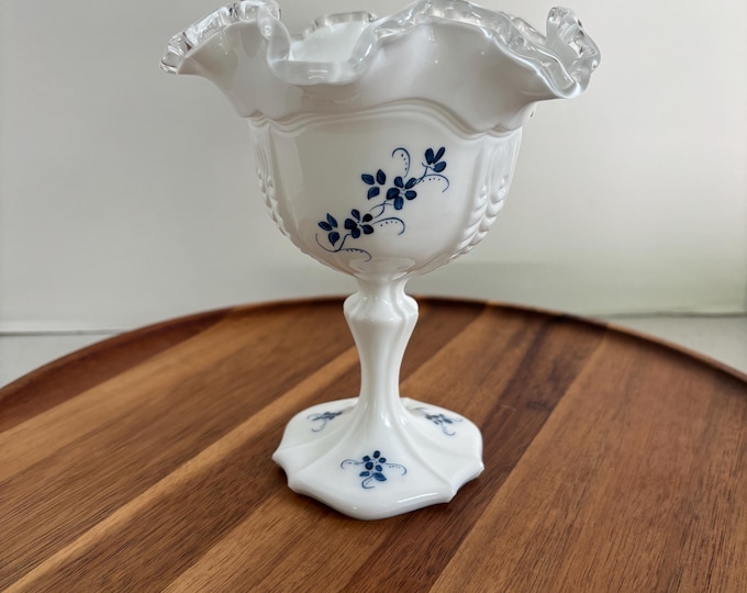 Vintage Fenton Silver Crest Compote | Hand-Painted Blue Flowers, Milk Glass Pedestal Dish