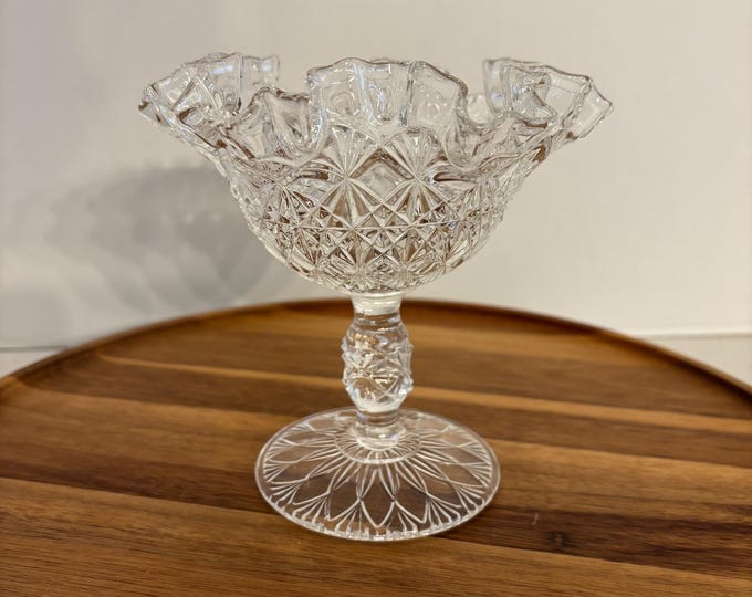 Vintage Fenton Ruffled Edge Fine Cut Block Clear Glass Pedestal Candy Dish
