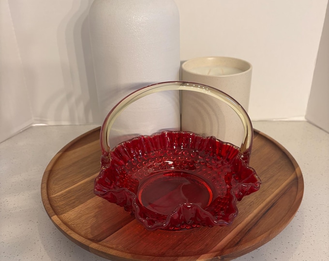 Vintage Fenton Art Glass Ruby Red Hobnail Glass Bowl with Clear Gold Handle