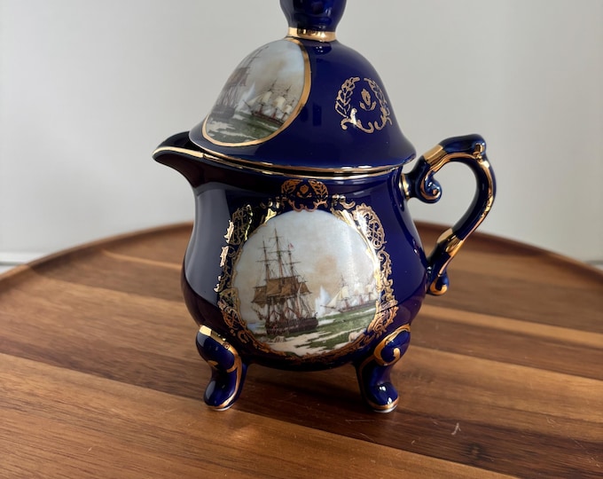 Vintage Limoges Ship Design Cobalt Blue with Gold Accent Creamer Pitcher