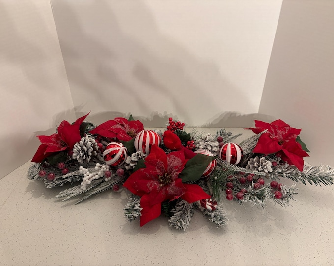 Red, White, and Green Winter Christmas Floral Arrangement Grave Blanket