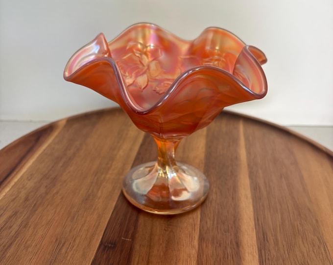 Fenton Ruffled Edge Marigold Peacock Tail Carnival Glass Compote Stem Bowl