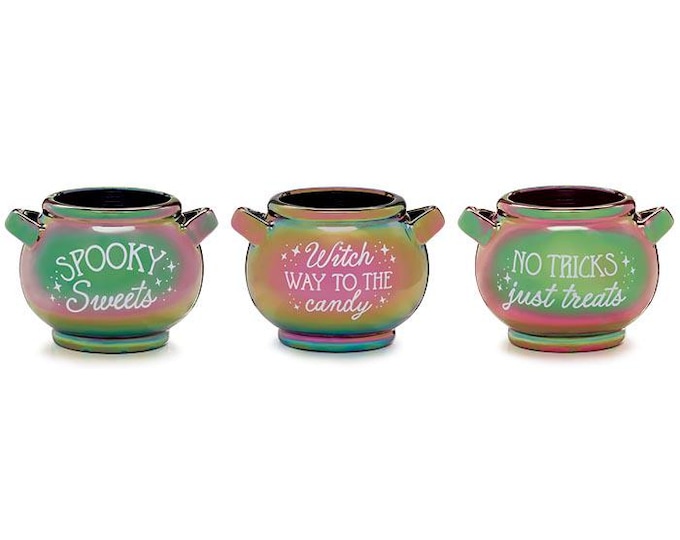 Set of 3 Iridescent Carnival Chrome Porcelain Halloween Cauldron Candy Dish