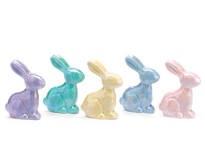 Pearlized Iridescent Porcelain Pastel Bunny Figurines - Set of 5