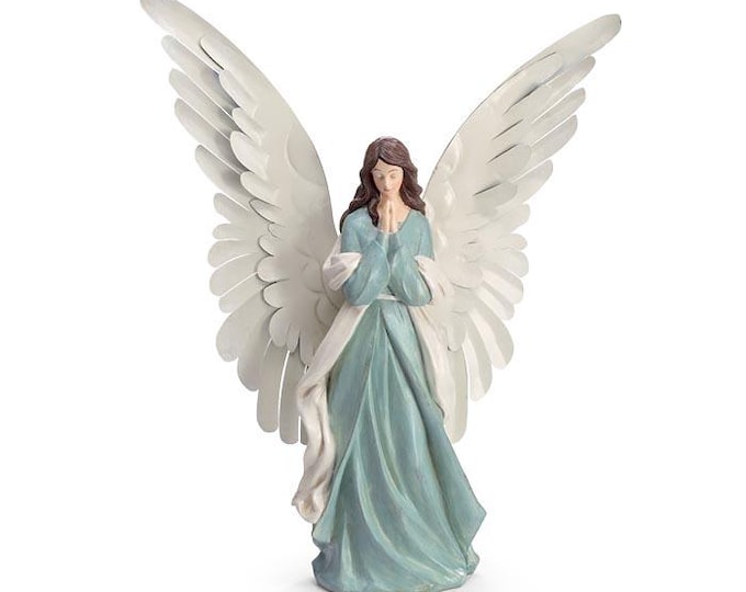 Sage Green and White Praying Angel Resin and Tin Figurine