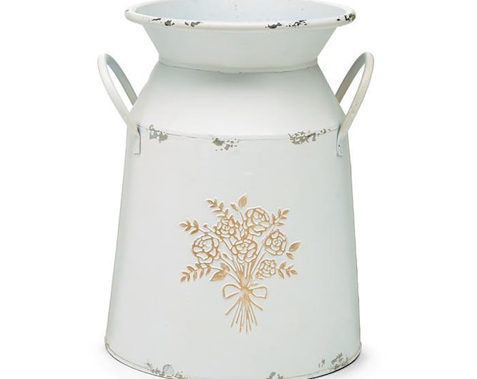 Tin Distressed White Milk Jug with Gold Rose Design Vase