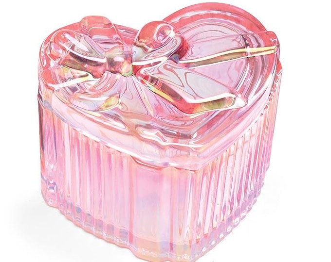 Iridescent Heart Shaped Glass Dish with Bow Lid – Pink or Red