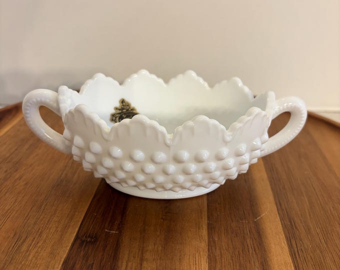 Vintage Fenton Hobnail Milk Glass Crimped Footed Handled Basket Marked