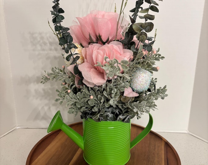 Easter Pink and Green Floral Watering Can Table Floral Arrangement