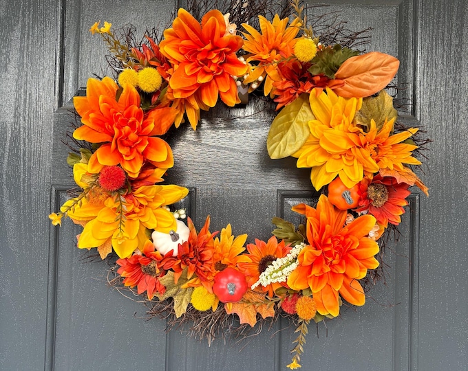 Autumn Fall and Floral Leaves Grapevine Wreath with Pumpkin Accents