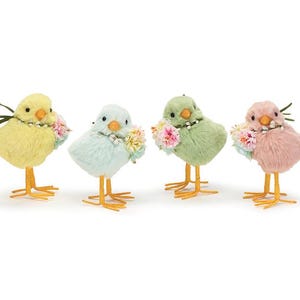 May include: Four plush chicks, each in a different pastel color, holding a bouquet of pastel flowers. The chicks are standing on a white background.