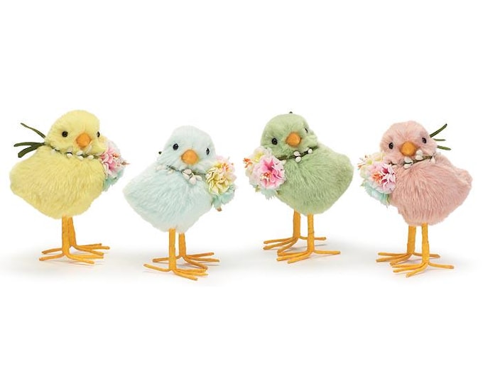 Pastel Baby Chicks - Fluffy Easter Decor, Spring Home Accents - Set of 4