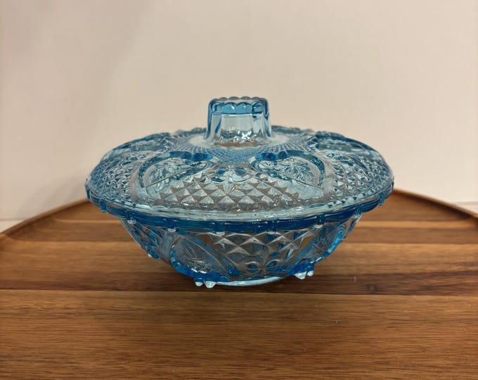 Vintage KIG Indonesia Blue Heart Pattern Covered Glass Candy Dish