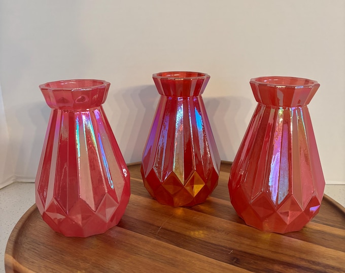 Pink and Red Iridescent Glass Bud Vases - Set of 3