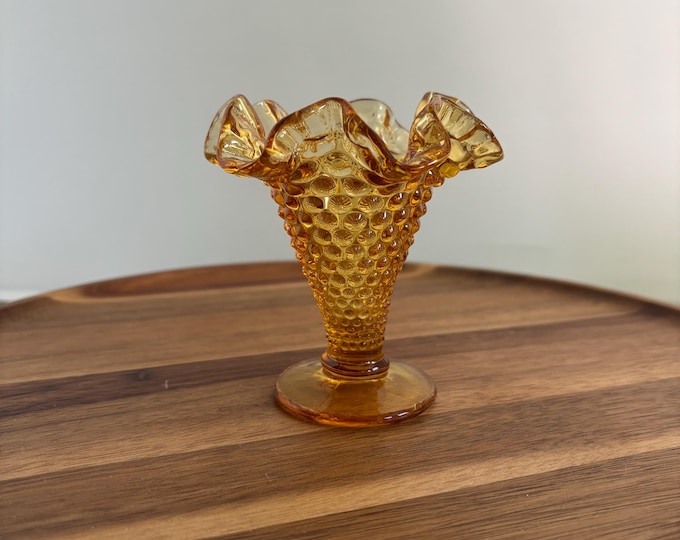 Vintage 1970's Fenton Amber Glass Hobnail Ruffle Top Mini Vase