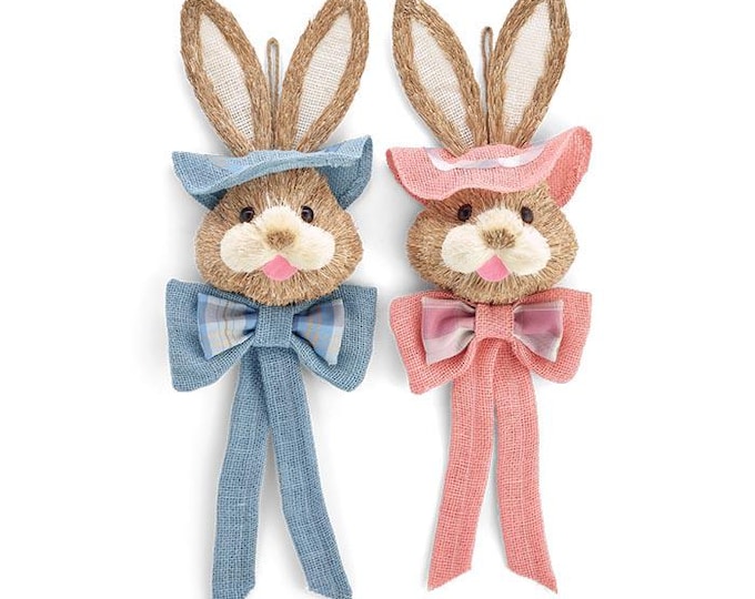 Sisal Bunny Heads with Burlap & Plaid Bows – Blue or Pink