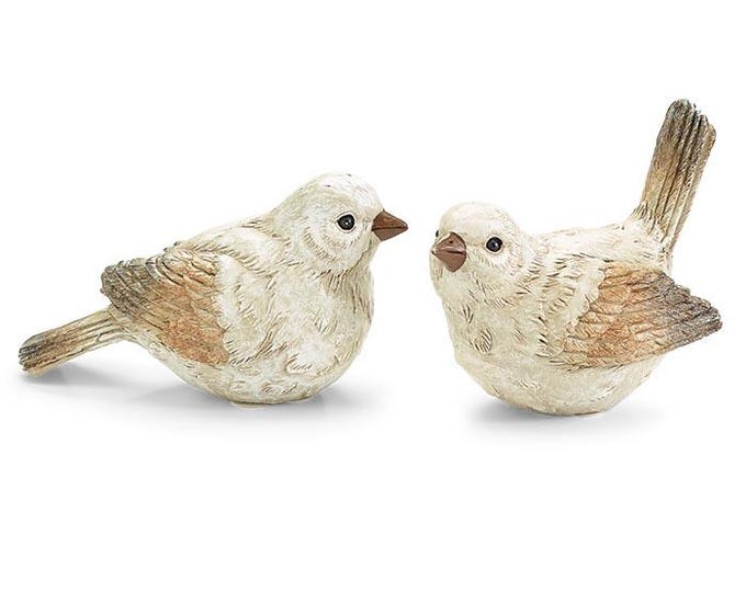 Brushed Tan, Gray, and White Bird Resin Figurines - Set of 2