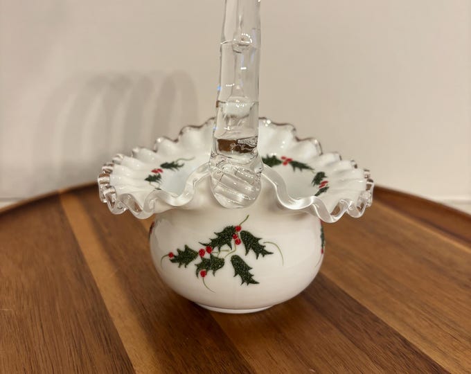 Vintage Fenton Silver Crest Milk Glass Basket – Hand-Painted Holly Berry Design - Signed