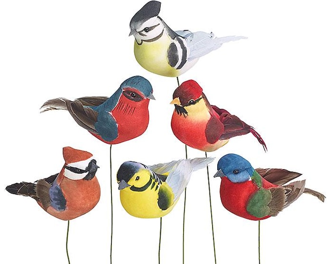 Spring Summer Natural Birds Floral Picks - Set of 6