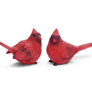 May include: Two red cardinal bird figurines. The birds are detailed with textured feathers, black feet, and a prominent crest. The figurines are positioned side-by-side against a white background, showcasing their vibrant red color.