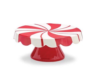 Ceramic Red and White Peppermint Swirl Holiday Christmas Cake Stand