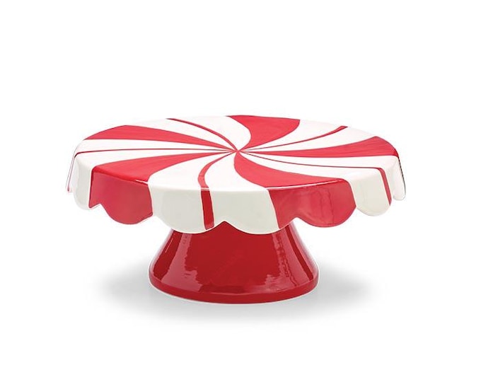Ceramic Red and White Peppermint Swirl Holiday Christmas Cake Stand