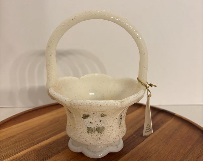 Vintage Fenton Art Glass Company Romance Collection Hand-Painted Ivory with Gold Specks Floral Basket