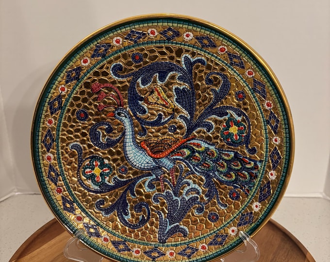 Antique 24K Gold Hand Painted Byzantine Green Style Decorative Peacock Plate