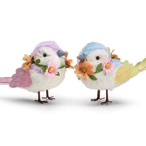 Pastel Spring Birds with Flower Necklaces: Easter Tiered Tray Decor (Set of 2)